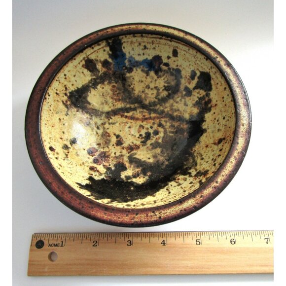 Vintage Signed MP Handmade Studio Art Pottery Bowl - Brown & Yellow Dish MCM - Picture 7 of 7